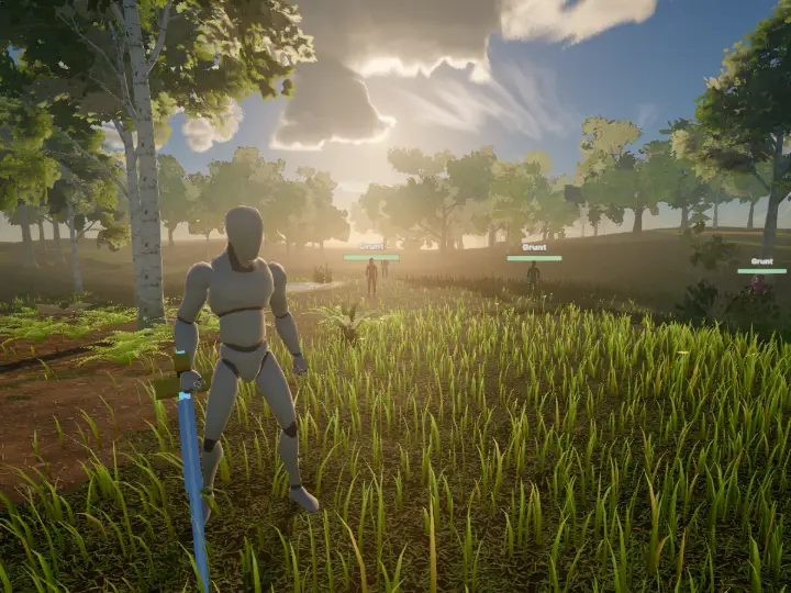 In-game screenshot of the five-line script: Mara stands in the forest world and says Hi! in the dialogue panel